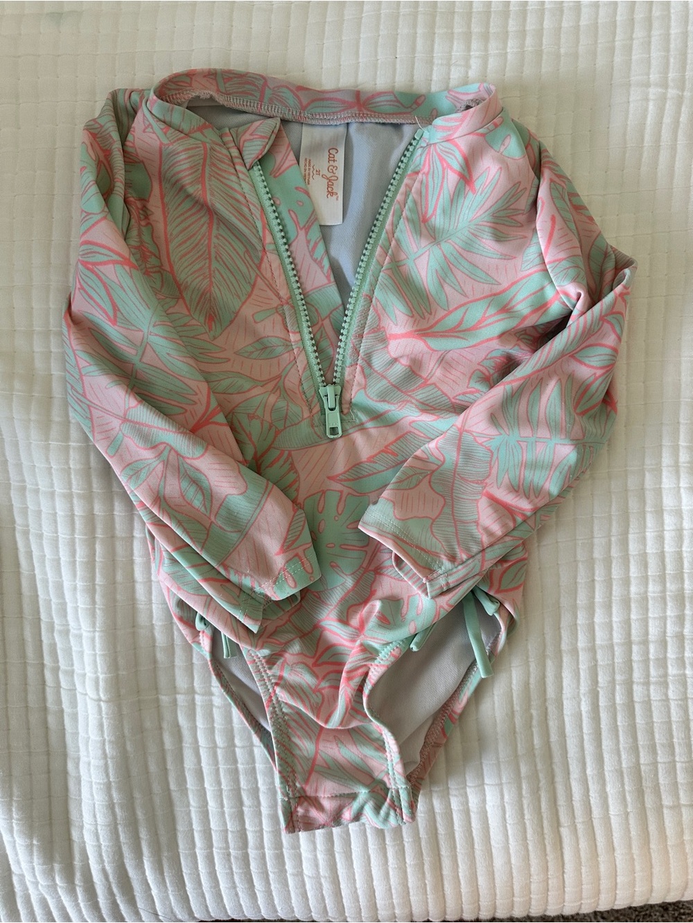 Cat & Jack Pink and Mint Leaf-Print Long-Sleeve One-Piece